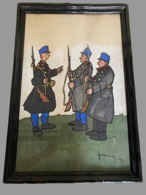 tableau représentant trois hommes en uniforme, tenant des fusils et se tenant côte à côte
