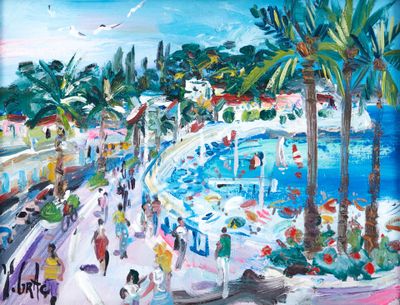 un tableau représentant un parc aquatique avec des gens qui s'y promènent