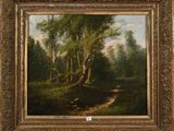 un tableau représentant un paysage boisé avec un sentier au premier plan