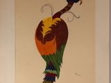 painting of a bird in a frame on a wall next to a window