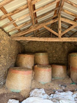 hay bales are stacked up in a barn with a roof