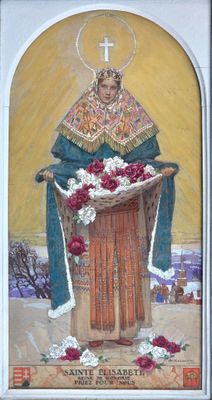 painting of a saint holding a basket of flowers in front of a cross