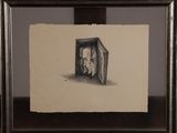 dessin au crayon représentant un homme regardant par la fenêtre, dans un cadre