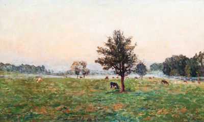a painting of cows grazing in a field by a tree