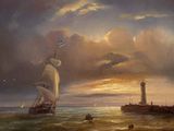 painting of a painting of a ship in the ocean with a lighthouse in the background