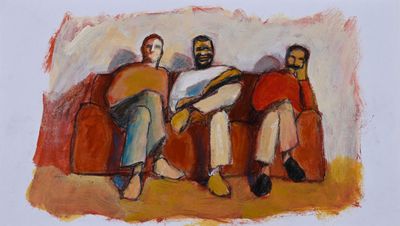 painting of three men sitting on a couch, one holding a surfboard