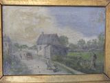 an old painting of a farm scene with a horse drawn carriage