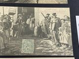 several old black and white photos of people standing in front of a building