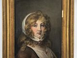 a painting of a woman in a brown dress with a white headband