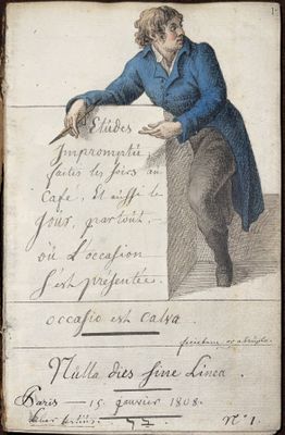 an old book with a drawing of a man leaning on a box