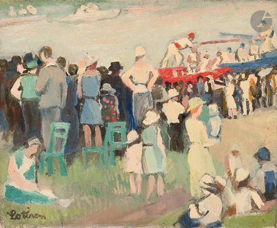 tableau représentant une foule de personnes debout sur une plage au bord d'un plan d'eau
