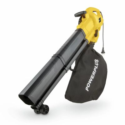 a yellow blower with a black bag on top of it