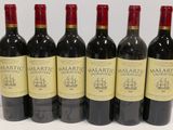 six bottles of red wine are lined up on a table