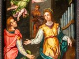 an image of a painting of a woman handing a child something