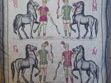 a picture of a pillow with a picture of men and horses on it