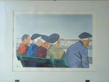 a painting of a group of men sitting on a bench