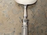 a silver spoon with a white handle sitting on a counter