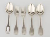 four silver spoons and a fork on a white surface