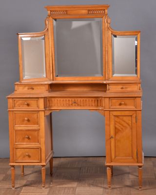 an image of a wooden desk with a mirror on top