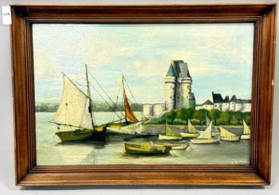 a picture of a painting of boats in the water