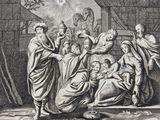 an old black and white drawing of a group of people in a room