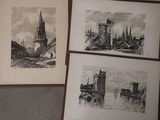 four black and white pictures of buildings and a clock tower