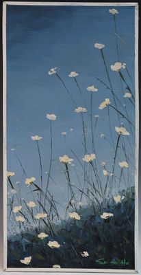 a painting of white flowers on a blue background