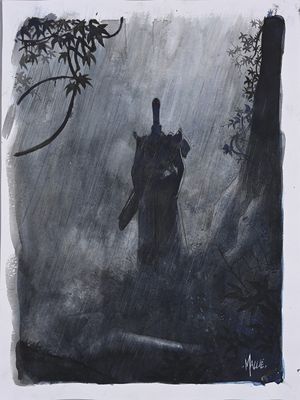 a drawing of a person walking in the rain