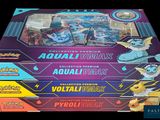 a close up of a box of pokemon trading cards on a black background