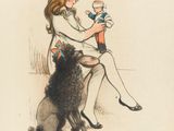 un dessin représentant une petite fille assise sur un banc avec un chien