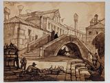 drawing of a bridge over a canal with a horse drawn carriage in the foreground