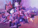 painting of a couple of people with umbrellas on a city street