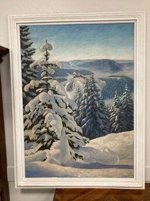 tableau représentant un paysage de montagne enneigé avec des pins au premier plan