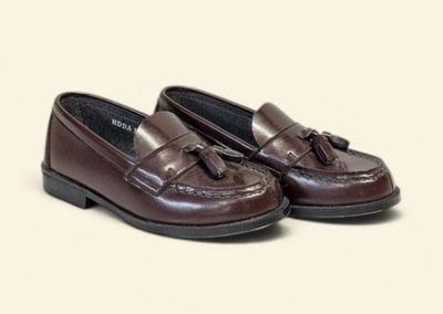 a close up of a pair of brown shoes on a white background