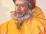 an oil painting of a man in a yellow jacket and blue hat