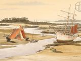 une peinture représentant un bateau sur la plage, près de l'eau