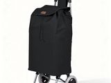 a black shopping cart with wheels and a bag on top