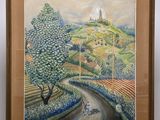 une peinture à l'huile d'un paysage avec une route et des arbres
