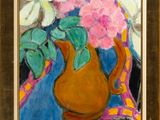 une peinture à l'huile représentant des fleurs dans un vase sur une table