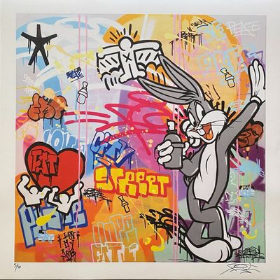 painting of a bugs character with graffiti on a wall