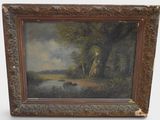 an oil painting of a river scene with a boat in the foreground