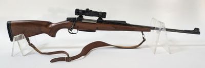 un fusil posé sur un support, avec un serpent à côté