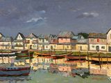 a painting of a harbor scene with boats in the water