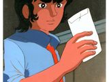 cartoon of a young man holding a piece of paper in his hand