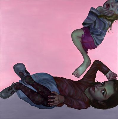 a painting of two children laying down on the ground