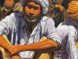 a painting of a man sitting on the ground with other men
