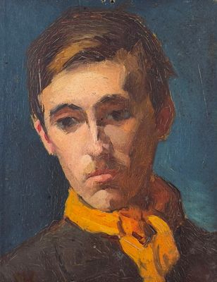 painting of a man with a yellow neck tie and a black jacket