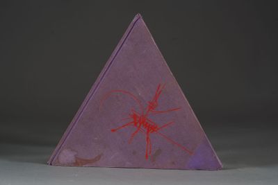 a purple triangular box with a red design on it