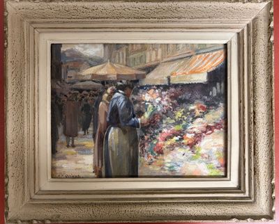 un tableau représentant une femme et un homme debout sous un parapluie
