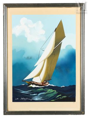 tableau représentant un voilier en mer, avec des nuages en arrière-plan